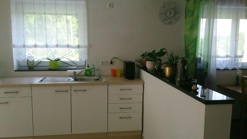 a kitchen with white cabinets and a sink and windows at Ferienwohnung im bayerischen Wald in Tittling