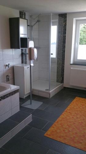 a bathroom with a shower and a sink at Ferienwohnung im bayerischen Wald in Tittling