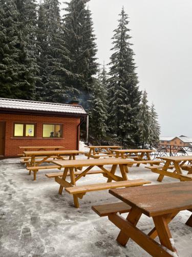 Una hilera de mesas de picnic de madera en la nieve. en Готель Вілла Драгобрат, en Dragobrat