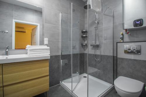 La salle de bains est pourvue d'une douche, de toilettes et d'un lavabo. dans l'établissement Wiśniowy Sad - Domki, à Białowieża