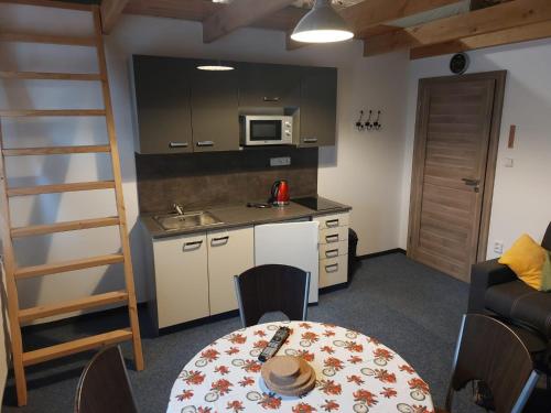 eine kleine Küche mit einem Tisch und eine Küche mit einer Leiter in der Unterkunft Chalupa a apartmány Marika in Černý Důl