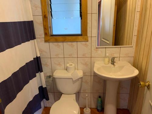 a bathroom with a toilet and a sink at Cabañas y Tinajas Rio Quenuir in Maullín
