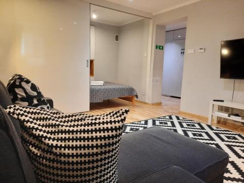 a living room with a couch and a television at Lorf Hostel&Coffee in Kraków