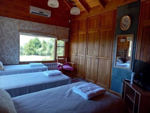 um quarto com 2 camas, uma televisão e uma janela em La Soñada casa de montaña em San Martín de los Andes