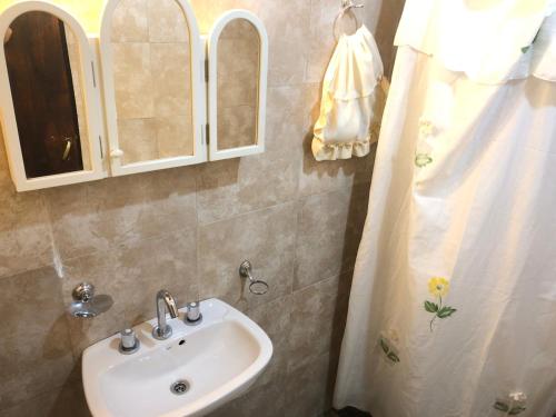 La salle de bains est pourvue d'un lavabo, d'un miroir et d'un rideau de douche. dans l'établissement Cabaña Hakuna Matata, à Santa Rosa de Calamuchita