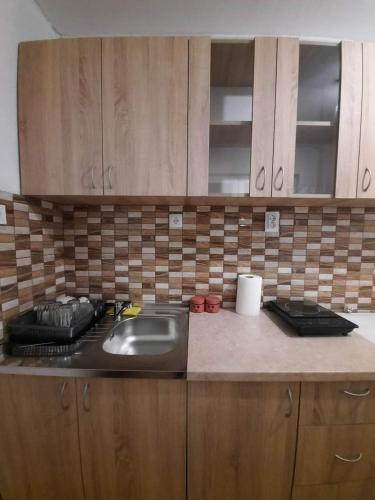 a kitchen counter with a sink and wooden cabinets at Holiday home BOŽUR in Kolašin