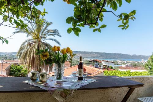 Tsikalariá的住宿－Michaela's House，阳台上的桌子上放着一瓶葡萄酒和鲜花
