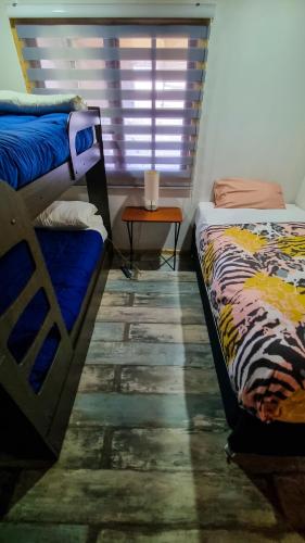 a bedroom with two beds and a table and a window at Mauleuvu Outdoor, alojamiento bed and breakfast y actividades outdoor in Talca