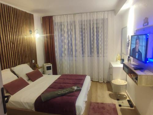 ein Hotelzimmer mit einem Bett und einem TV in der Unterkunft HÉBERGEMENT au BERCAIL in Beaumont-sur-Sarthe