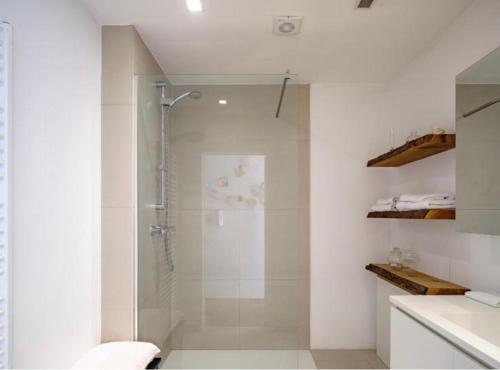 uma casa de banho com um chuveiro e uma porta de vidro em Designloft em Gent