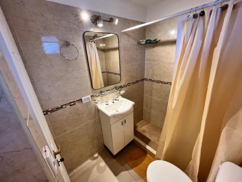 uma casa de banho com um lavatório, um espelho e um WC. em Bahía Golondrina em Ushuaia
