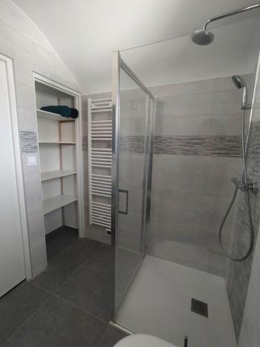 a shower with a glass door in a bathroom at Centre ville Concarneau T4 in Concarneau