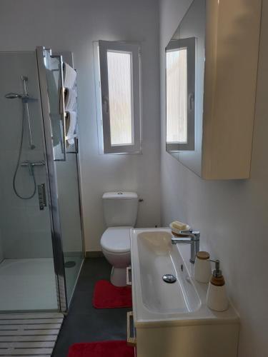 La salle de bains est pourvue d'un lavabo, de toilettes et d'une douche. dans l'établissement Lou Palmieri, à Marseille