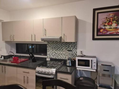 a kitchen with a stove and a microwave at Se renta por día departamento en el Centro in Mexico City