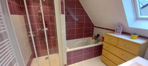 a bathroom with a shower and a tub and a sink at Les villégiatures de Muse in Saint-Marcouf