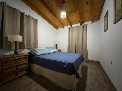 um quarto com uma cama e um candeeiro numa mesa de cabeceira em Casa Azul em Santa Rosa de Calamuchita