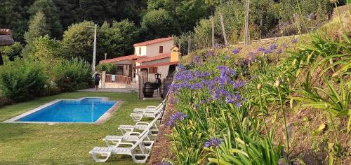 eine Reihe weißer Stühle neben einem Pool in der Unterkunft Casa do Ribeiro in Sever do Vouga