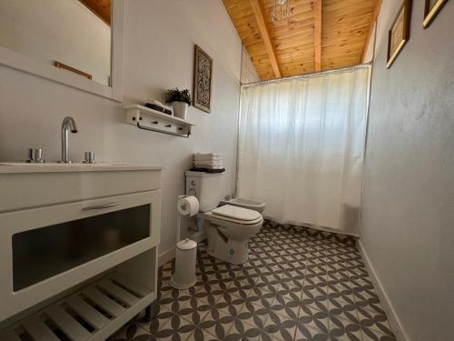y baño con aseo y lavamanos. en Casa Azul en Santa Rosa de Calamuchita