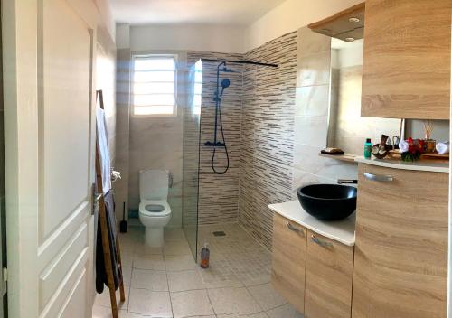 een badkamer met een douche, een toilet en een wastafel bij Superbe Appart T2 de standing, à l'Anse à l'âne, à 5mn à pied des plages in Les Trois-Îlets