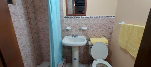 La petite salle de bains est pourvue de toilettes et d'un lavabo. dans l'établissement Hospedaje, à Quito
