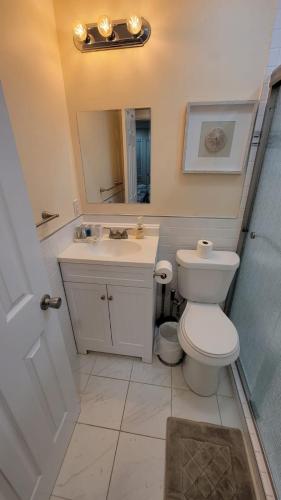 a bathroom with a toilet and a sink and a mirror at HHI Homes LLC in Hilton Head Island