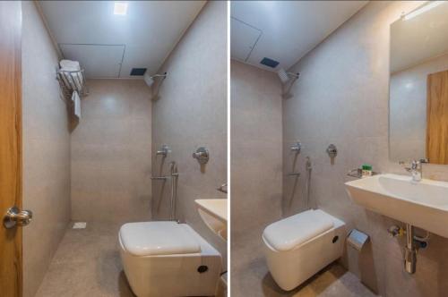 two pictures of a bathroom with a toilet and a sink at Aster Hotel Near Mumbai Airport in Mumbai