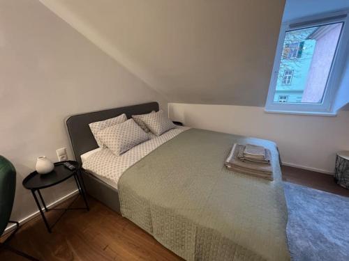 a bedroom with a bed and a window at Tiny Wellness Apartment in Graz