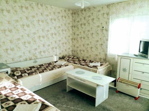 a room with three beds and a tv and a window at Guest House Emiliya in Ovchartsi