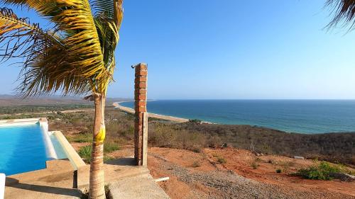 un palmier à côté d'une piscine au bord de l'océan dans l'établissement Villas del Sol, à Ipala