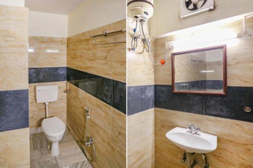 two pictures of a bathroom with a toilet and a sink at FabHotel Ashoka Inn in Kānpur