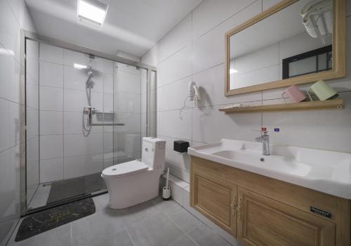 La salle de bains est pourvue de toilettes, d'un lavabo et d'une douche. dans l'établissement Qianxun Tea House & Homestay, à Wuyishan