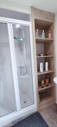 a shower with a glass door in a bathroom at Paddock 39 Caravan - Weymouth Bay in Preston