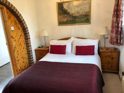 ein Schlafzimmer mit einem großen Bett mit roten Kissen in der Unterkunft Tovey Lodge in Hassocks