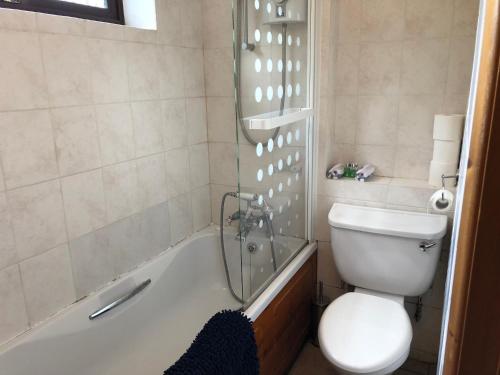 a bathroom with a toilet and a sink and a tub at Tovey Lodge in Hassocks