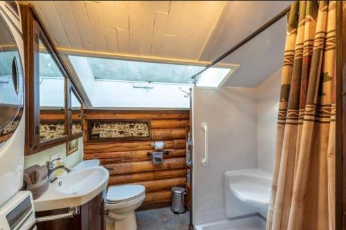 a bathroom with a toilet and a sink and a shower at Little Bear's Bungalow; Log Cabin w/Mountain views in Gold Bar