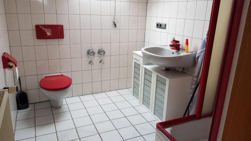 uma casa de banho com um WC vermelho e um lavatório. em FeWo H Reußwig em Nidda