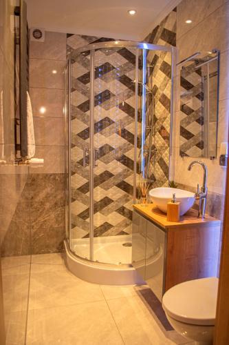 a bathroom with a shower and a toilet and a sink at Goralove Pole in Brzegi