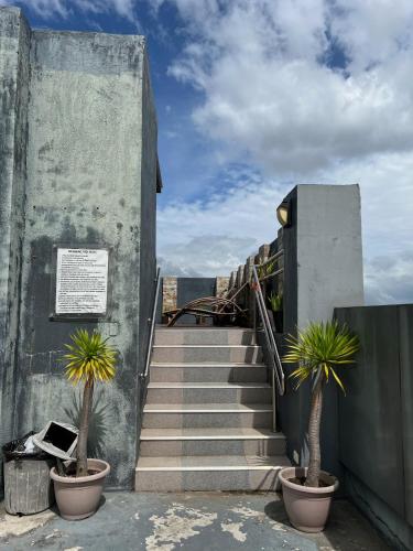 a set of stairs with potted plants in front of a building at The Linds Condo Unit 814 Cityscape in Bacolod