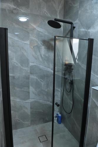 a shower with a glass door in a bathroom at פסגת יובלים 2 in Qiryat Shemona