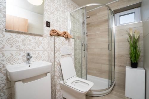 a bathroom with a toilet and a sink and a shower at Ubytovanie u Maťka a Kubka in Ždiar
