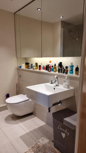 a bathroom with a white sink and a toilet at Beautiful and modern Apartment in North London in Hendon