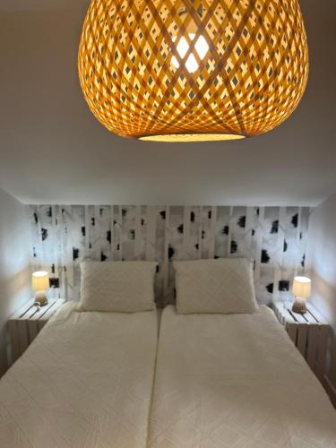 a bedroom with a bed and a large light fixture at Domki Pod Brzozami Ustroń 2 in Ustroń