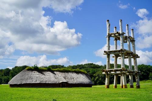 a house with a thatched roof in a field at Hotel Jogakura in Aomori