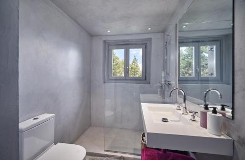 a bathroom with a sink and a toilet and two windows at Casa Pyrenees - Slow Life Refuge in La Molina