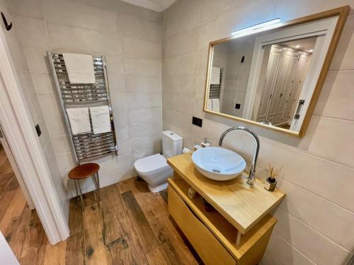 a bathroom with a sink and a toilet and a mirror at Hideaway Plaza Mayor Salamanca in Salamanca