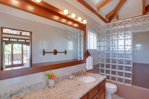 W łazience znajduje się umywalka i lustro. w obiekcie Buttonwood Belize w mieście Hopkins