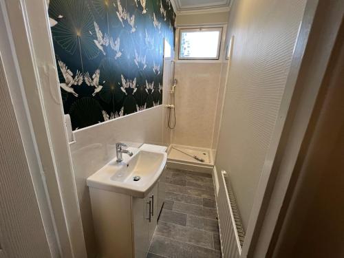 a bathroom with a sink and a mirror at Eden Vale Garden View Apartment with Patio in Morecambe