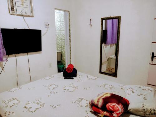 1 dormitorio con 1 cama, TV y espejo en Temporada no Atalaia, en Salinópolis