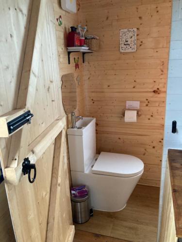 a bathroom with a toilet in a wooden wall at Captivating 1-Bed Cabin in Middlesbrough in Middlesbrough