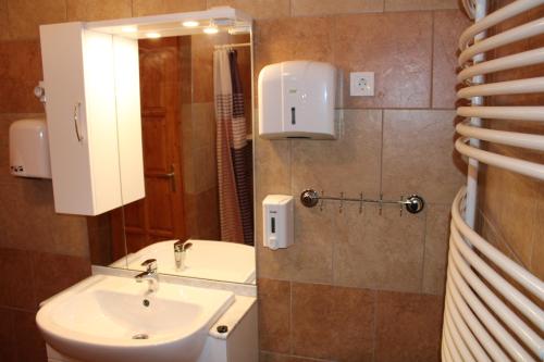 a bathroom with a sink and a mirror at Varga Vendégház in Tótszerdahely